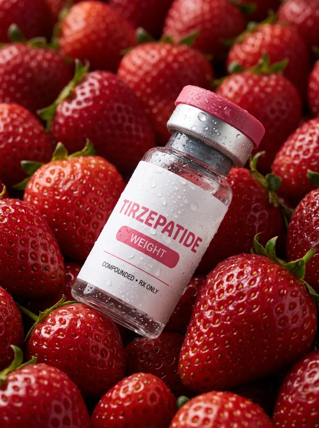 Pink-capped compounded tirzepatide vial among strawberries