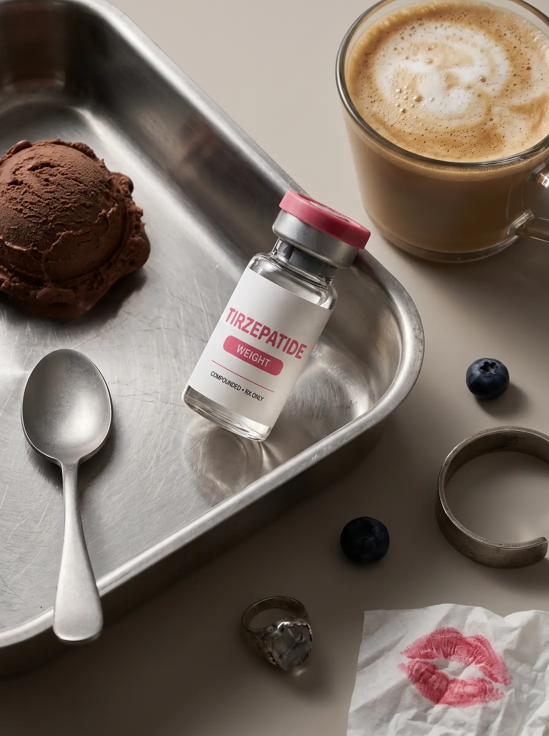 Compounded Tirzepatide vial on a silver tray beside coffee and dessert
