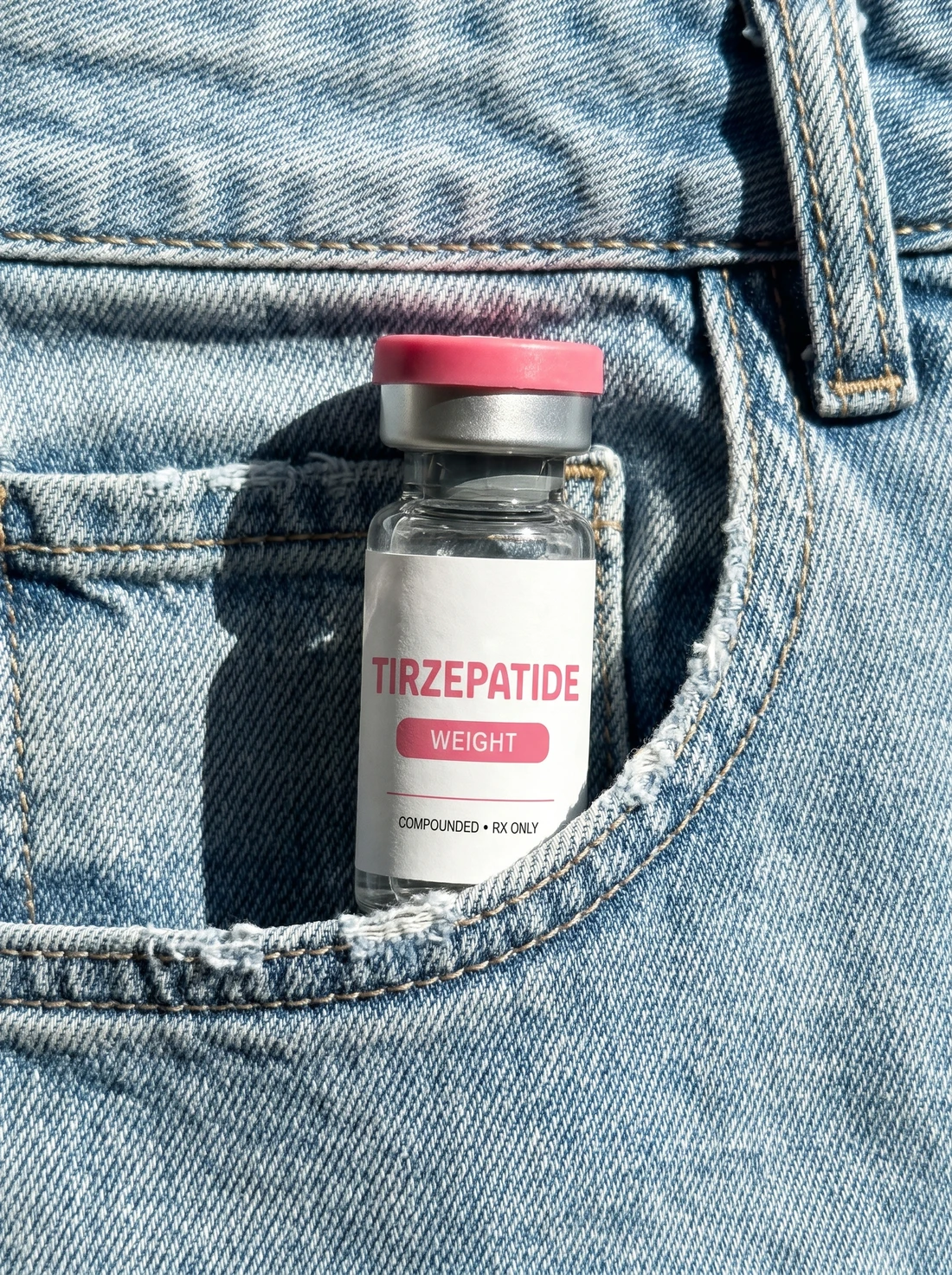 Pink-capped compounded tirzepatide vial in a denim pocket